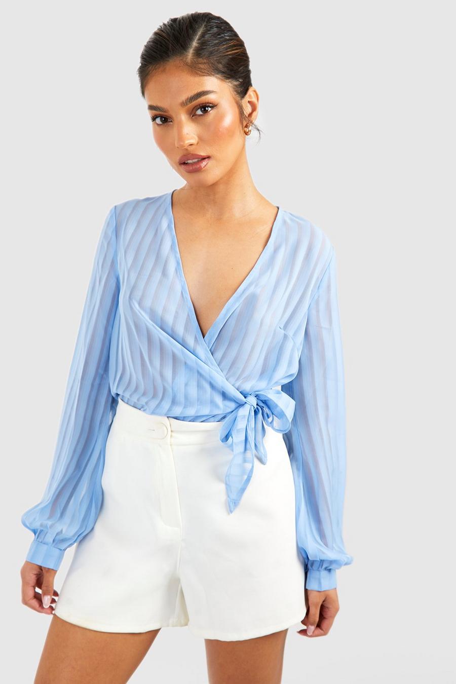 Light blue Woven Stripe Wrap Bodysuit